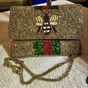 Gold Beaded Clutch with Chain Strap